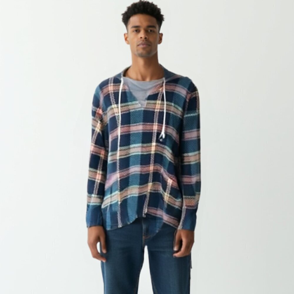Mountain Pass Plaid Hooded Flannel Shacket Jacket Blue Large Gorpcore